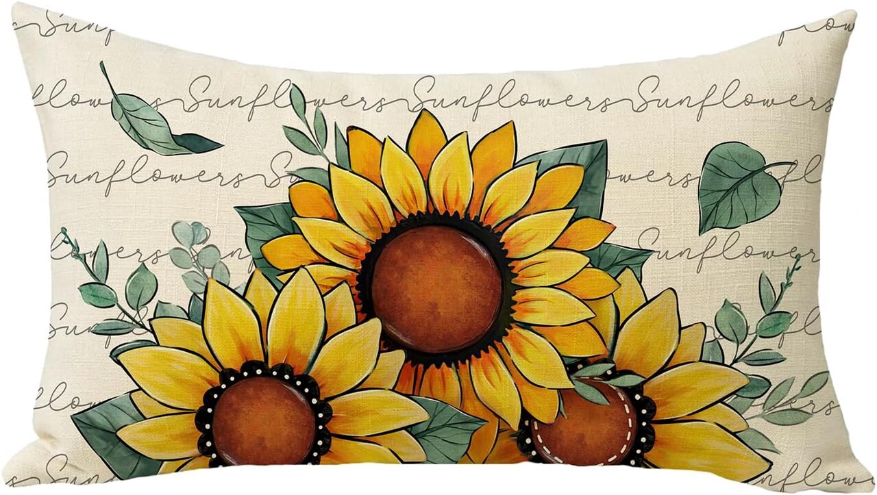 Sunflower Lumbar Pillow Cover 12x20 – Spring Summer Floral Eucalyptus Leaves Design, Farmhouse Rectangular Couch Cushion Case for Indoor Outdoor Decor